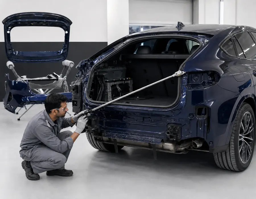 BMW X6 coupe roofline, tailgate opening, lamp pocket and rear-quarter geometry inspected during body repair