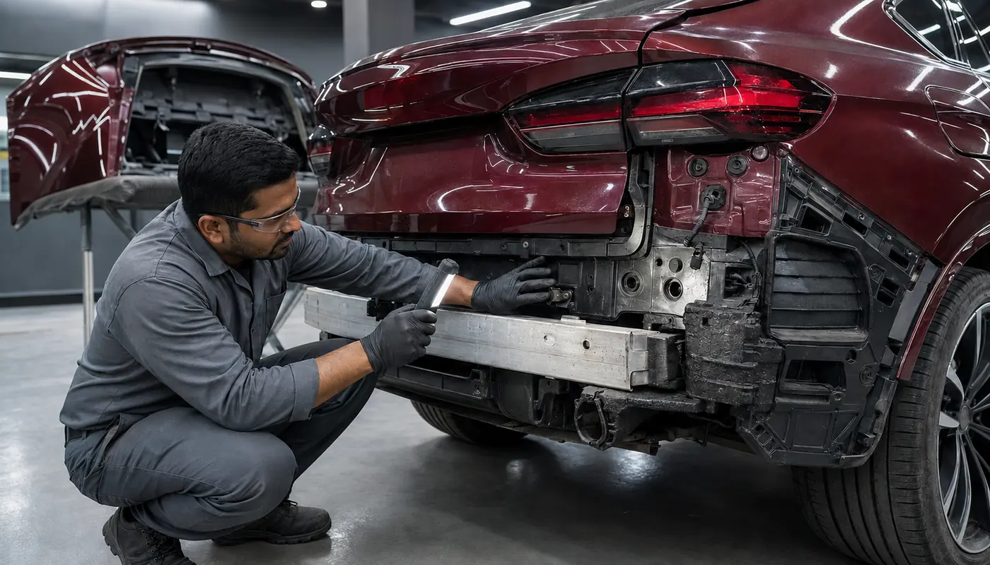 BMW X6 body damage traced beyond the visible mark to hidden brackets, openings and nearby mechanical references