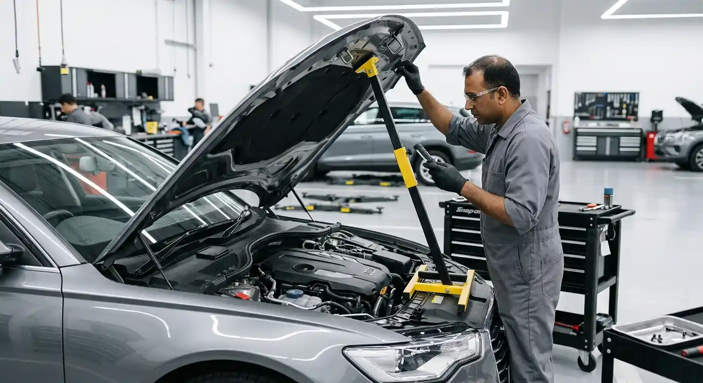 Technician inspecting bonnet hinges, latch area and hidden findings after controlled removal in Dubai