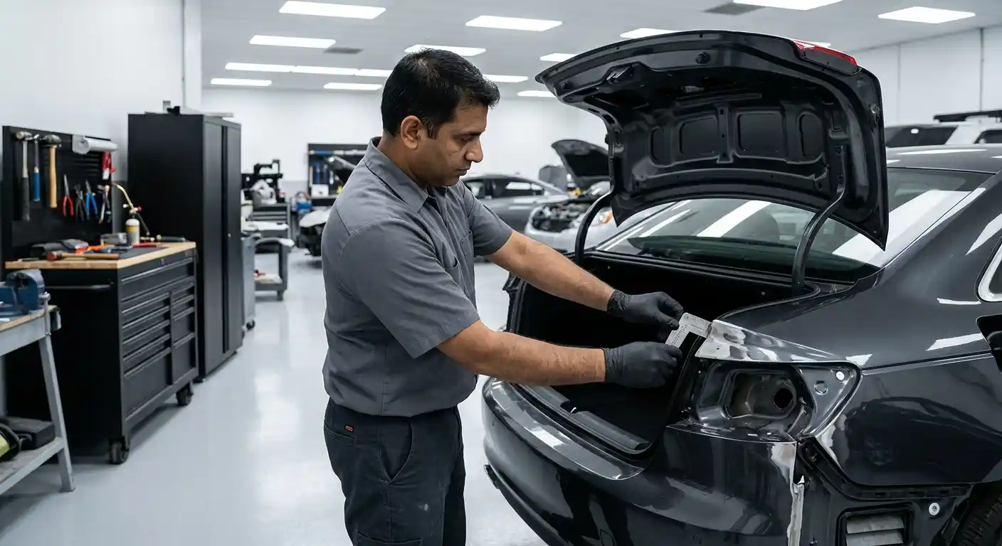 Technician comparing a repaired saloon boot lid with rear-quarter gaps, lamps and bumper alignment in Dubai