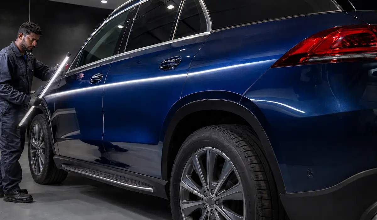 Mercedes-Benz GLE broad SUV panel inspected under linear lighting for colour, texture and contour consistency