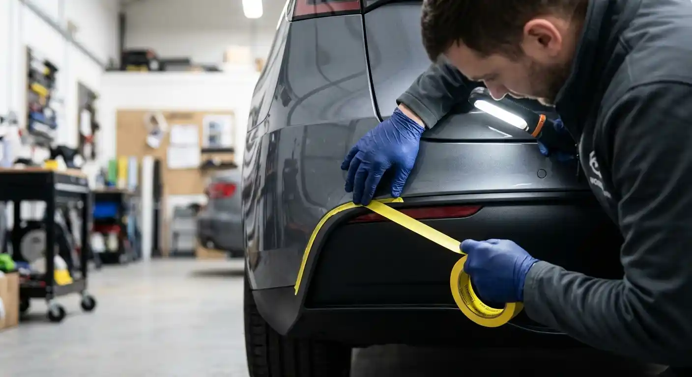 Bumper Diffuser Trim Masking Preparation Rear bumper diffuser and trim carefully masked before refinishing in Dubai