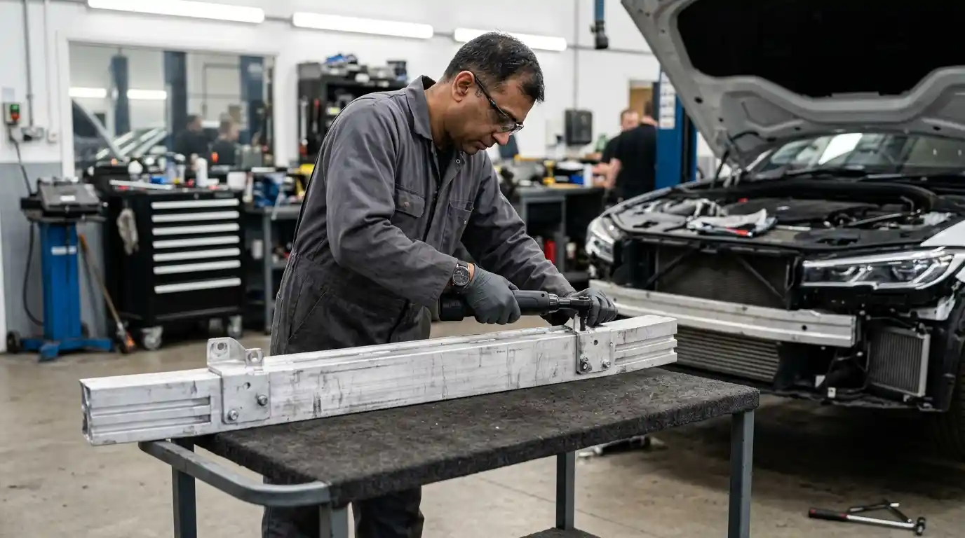 BMW 3 Series bumper impact beam and repair parts organised for inspection