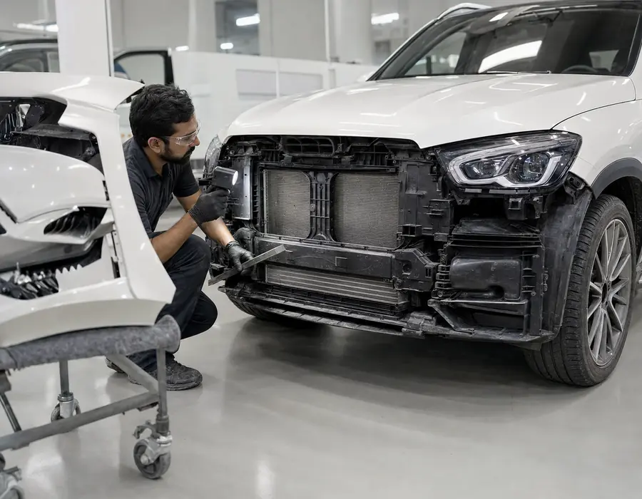 Mercedes-Benz GLE front bumper removed to inspect cooling ducts, air guides and hidden attachments