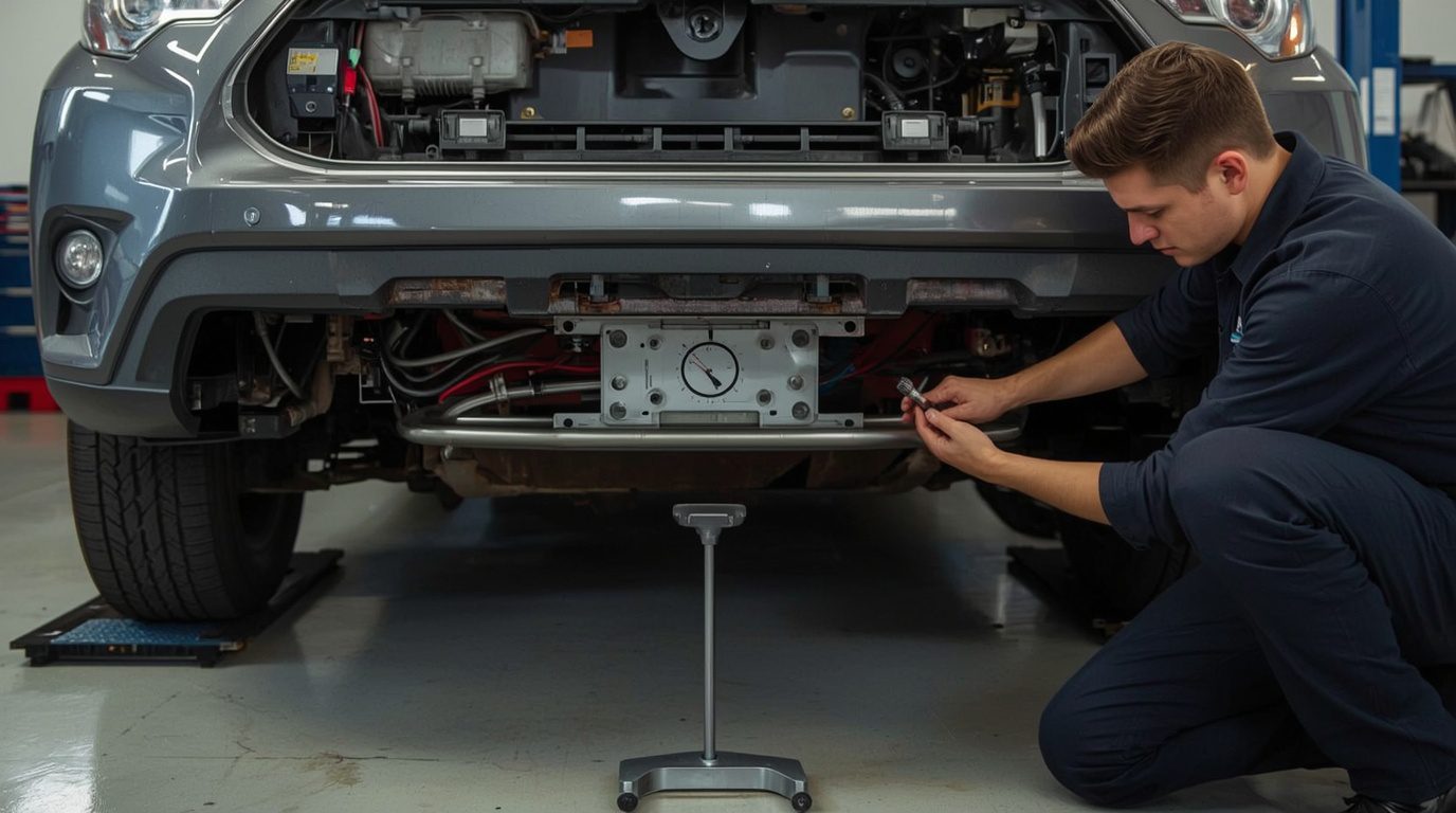 Technician verifying bumper radar alignment before the vehicle paint process can be completed