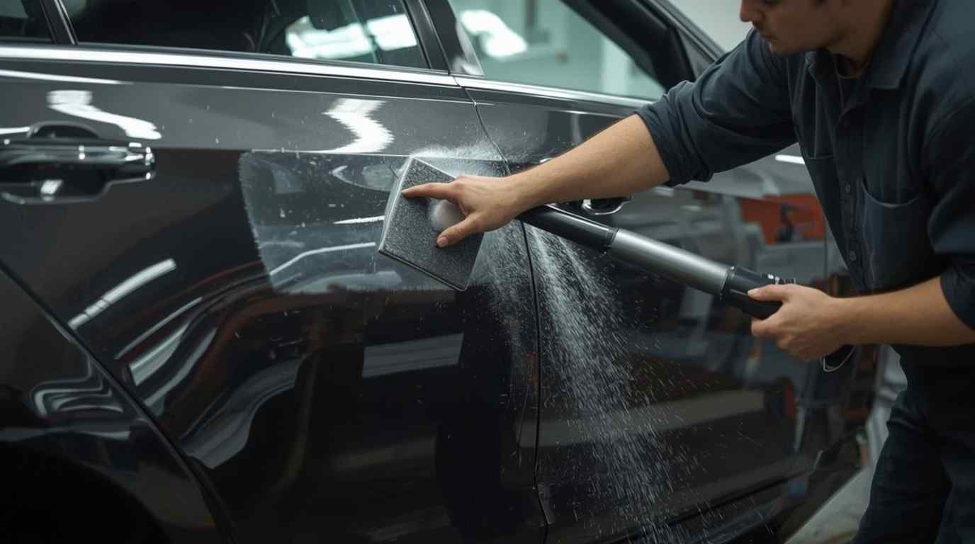 Cadillac door panel guide-coat block sanding to control broad surface shape before paint