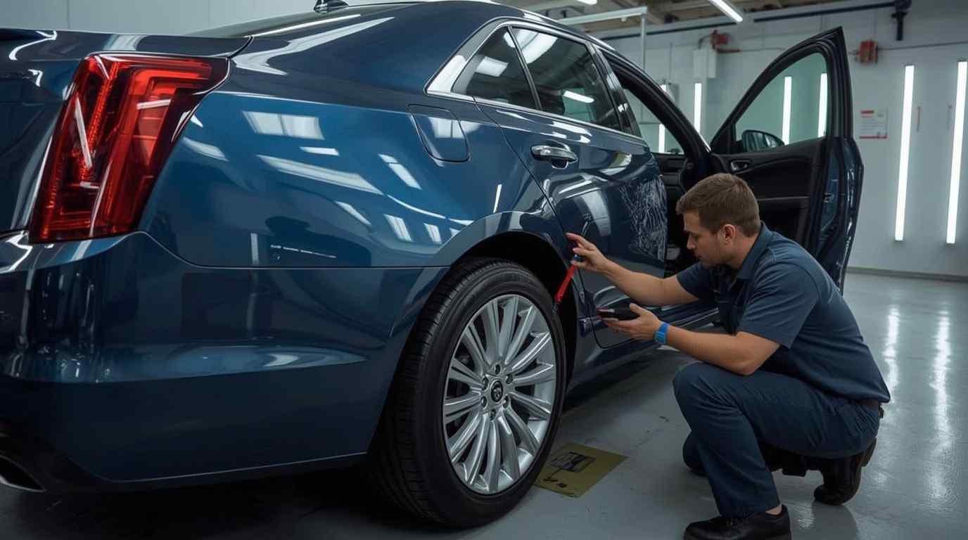 Final Cadillac panel-gap and handover inspection matching completed work to the approved repair scope