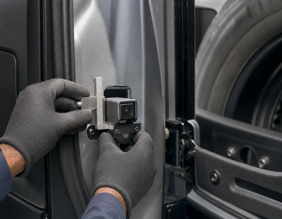 Land Rover Defender camera visibility and mounting geometry checked around fitted accessories after body repair