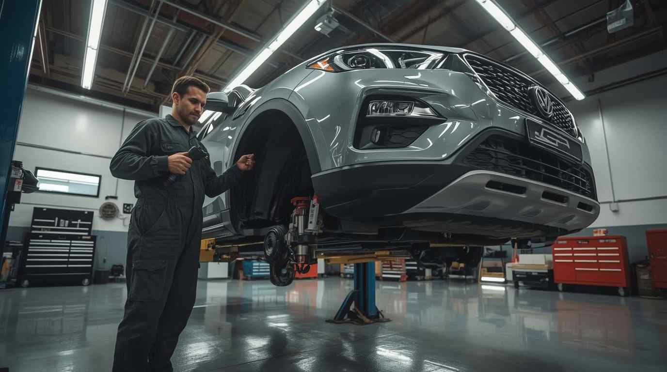 Technician inspecting front and wheel-area collision damage before body repair near Sheikh Zayed Road in Dubai