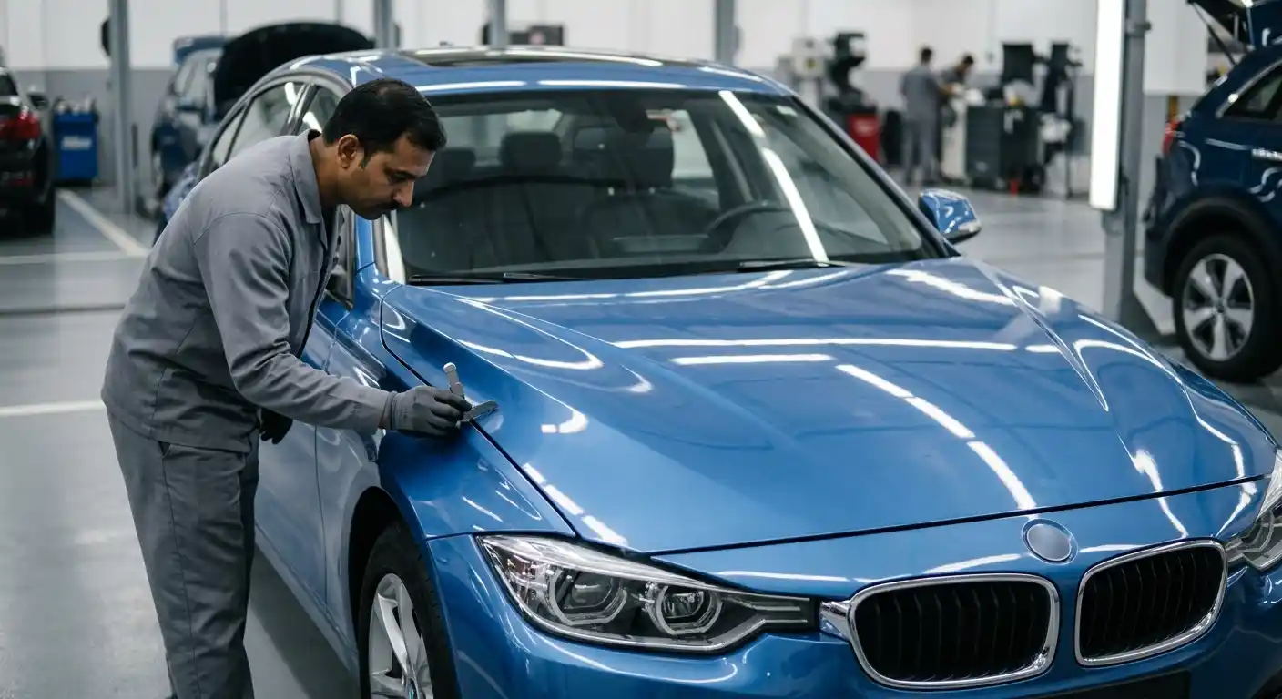 Technician checking final bonnet shape, panel gaps, leading-edge fit and closure operation in Dubai