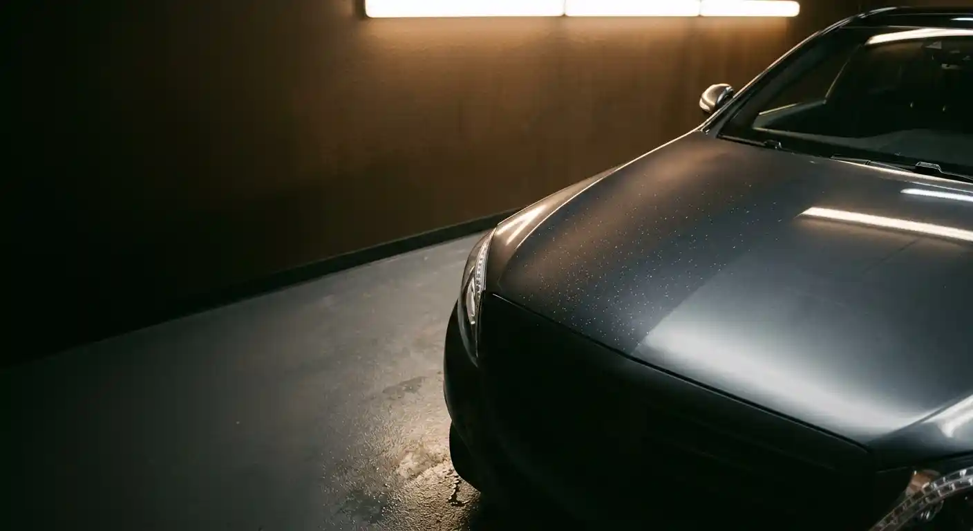 Car overspray removal inspection on vehicle paint and glass in a Dubai workshop