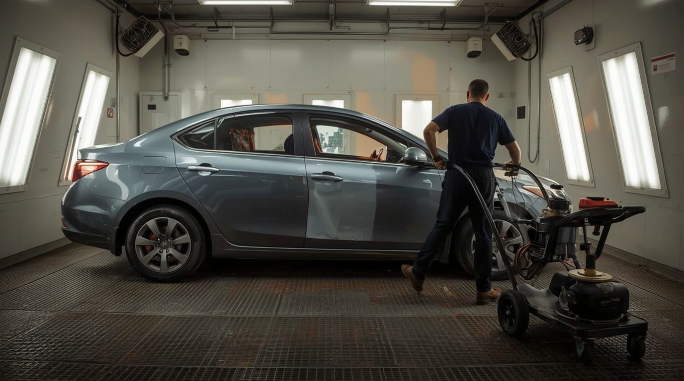 Freshly painted vehicle cooling after a controlled spray-booth bake cycle