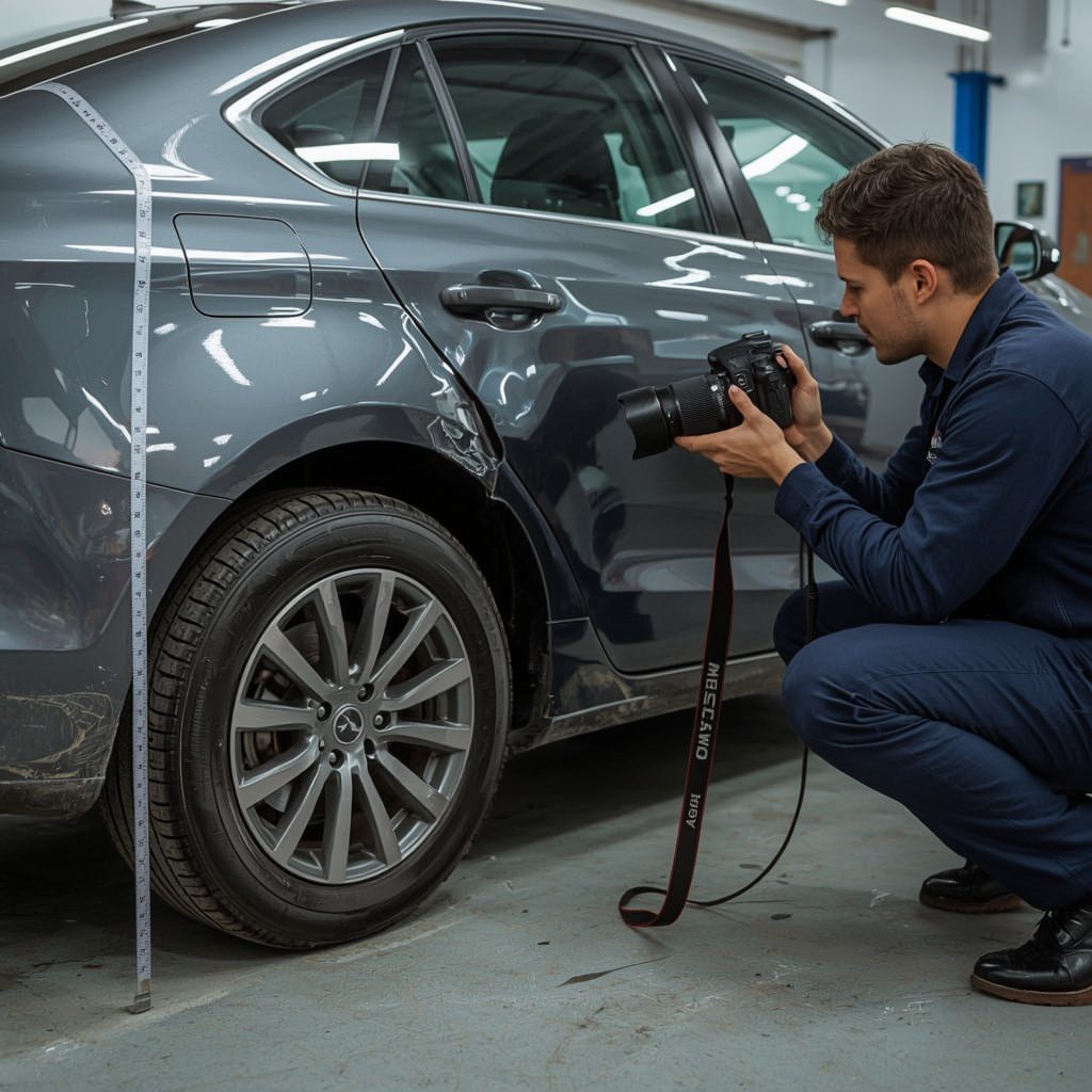 Technician documenting vehicle damage evidence before the car painting stages begin