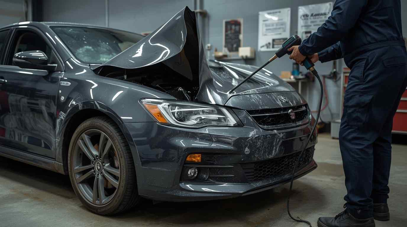 Car repaint and vinyl wrap comparison inside a professional Dubai workshop