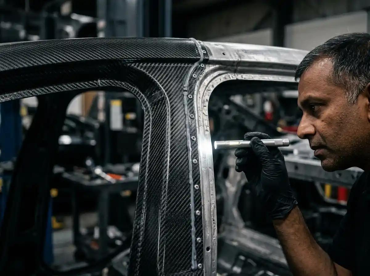 Carbon Core Structural Joint Inspection Technician inspecting a BMW 7 Series Carbon Core structural joint before metal correction
