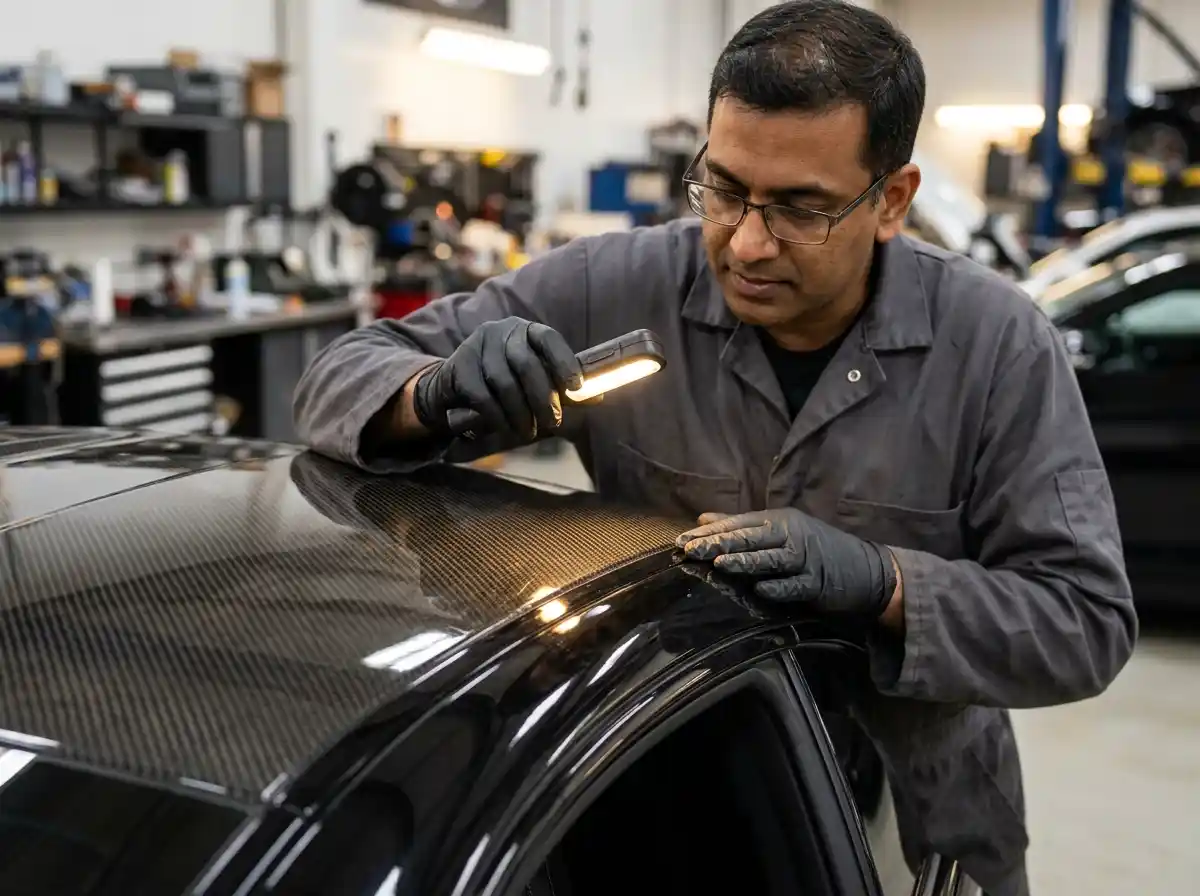 Technician inspecting the BMW M4 carbon roof structure and bonded edge before body repair