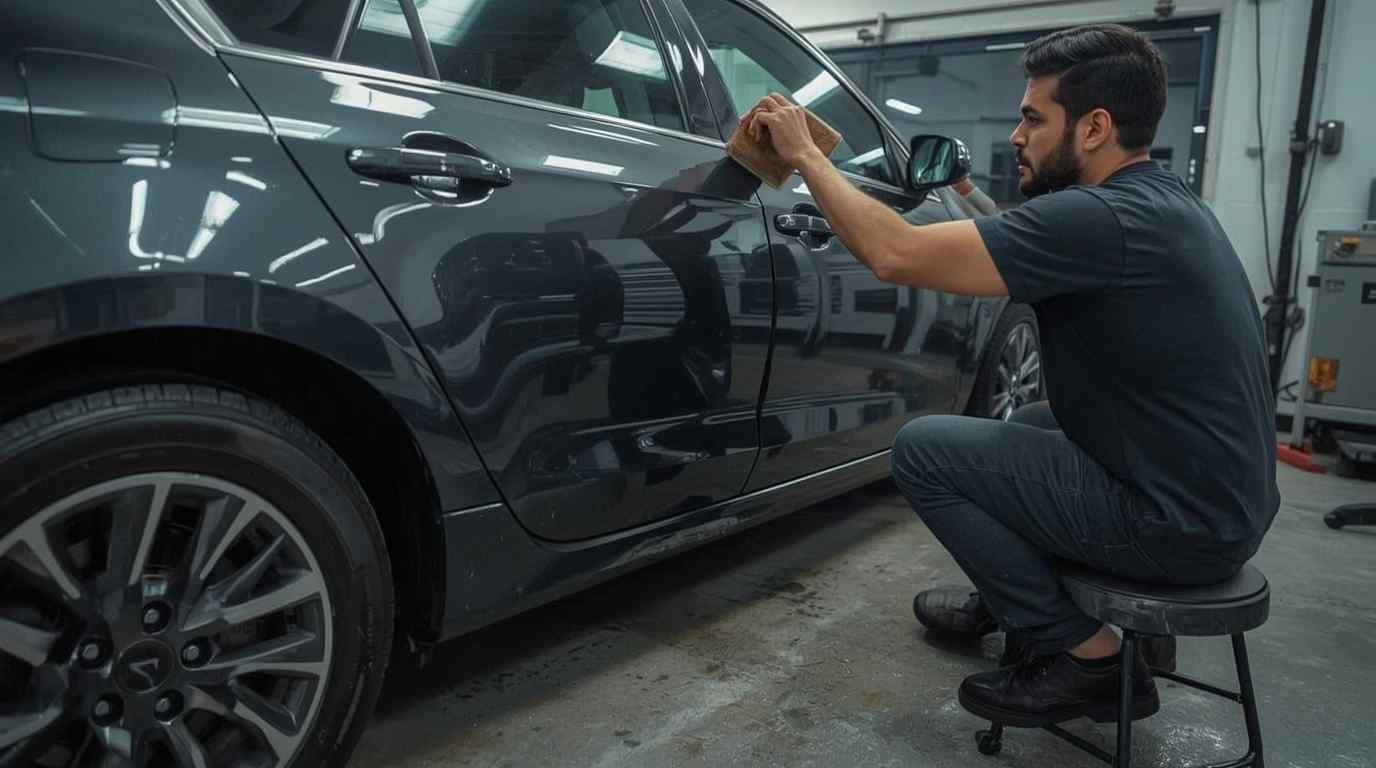 Freshly repainted vehicle prepared for ceramic coating inspection in a professional Dubai workshop