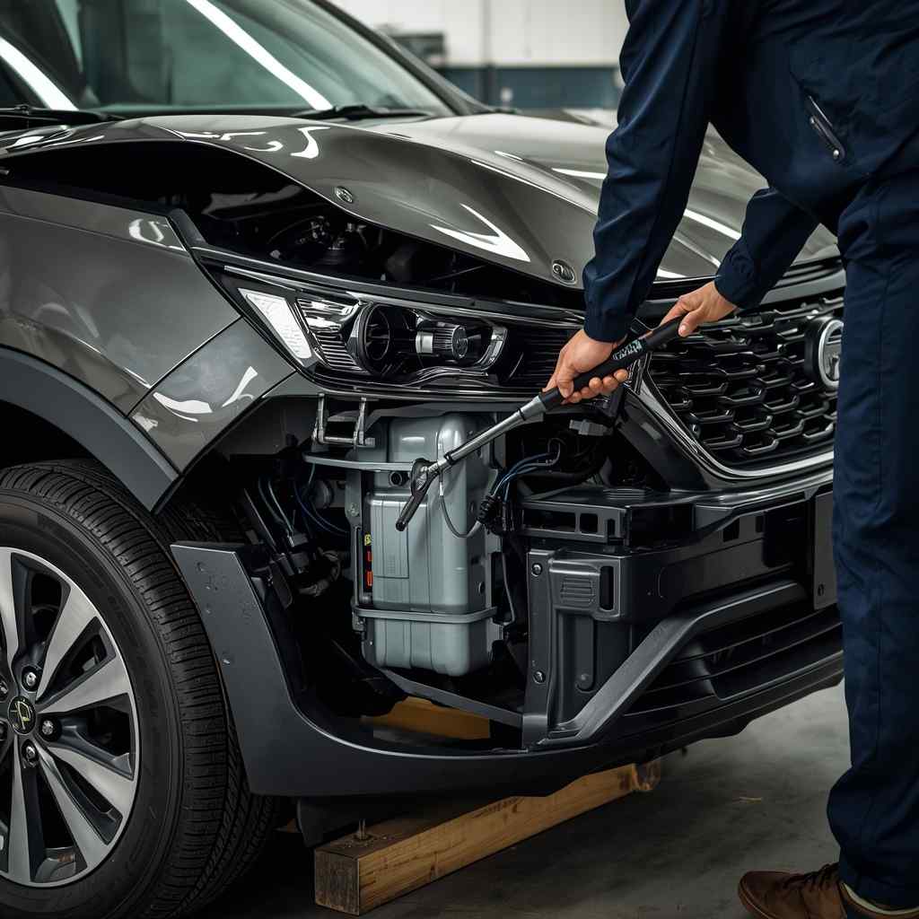 Changan compact SUV front-corner crash-box and bumper attachment inspection in Dubai