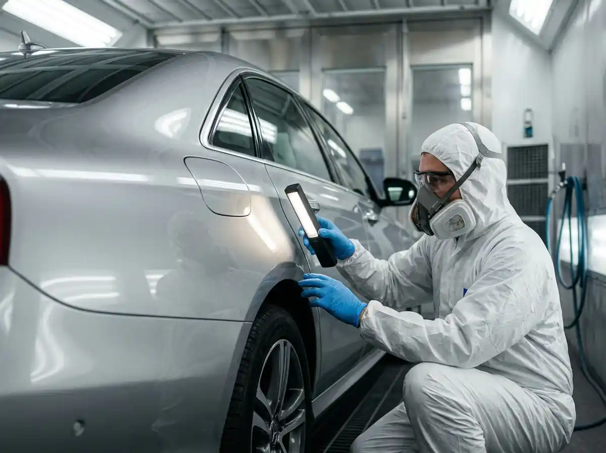 Audi A4 character-line paint blending inspected under linear workshop lighting