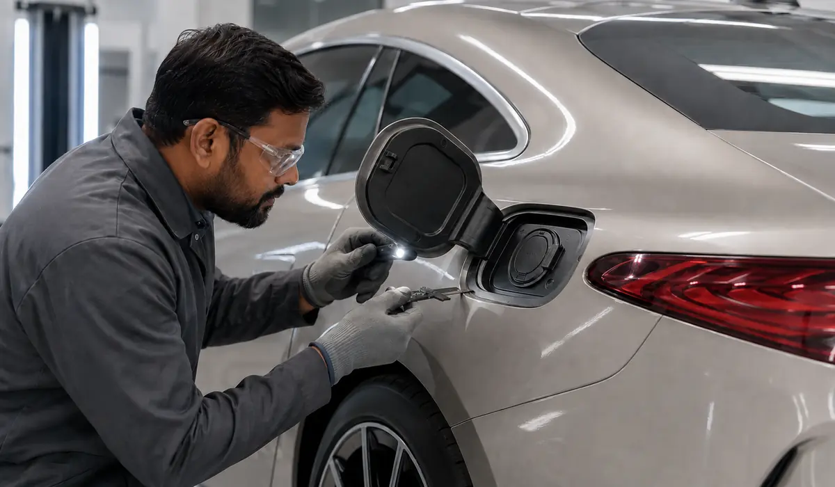 Charging-Area Contact Remains Its Own Workstream Mercedes-Benz EQS charging-area collision inspection separated from quarter-panel body repair