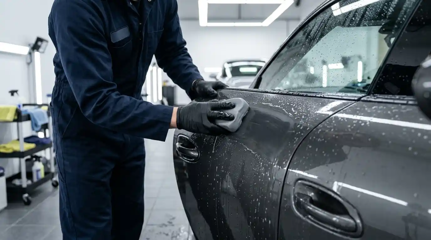 Lubricated clay-bar decontamination removing bonded overspray from automotive paint