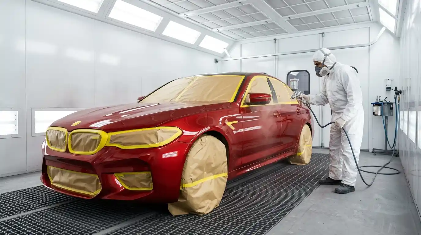 BMW M3 clear coat application during paint repair in Dubai