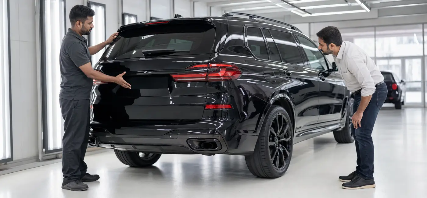 BMW X7 Collection Inspection Owner and technician completing a final BMW X7 body repair inspection before collection