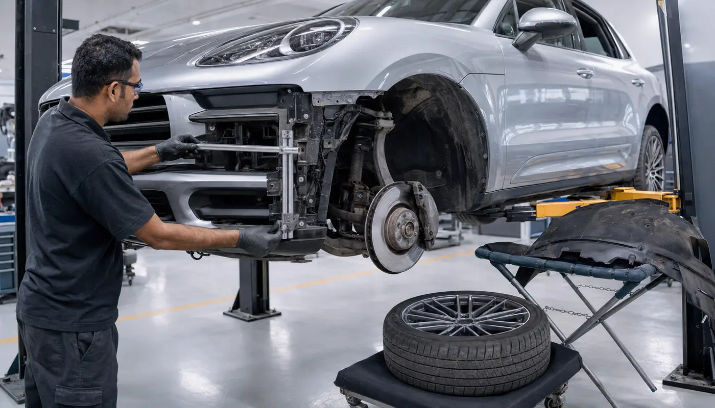Technician inspecting the Porsche Macan wheel corner, bumper, arch and lamp references after impact