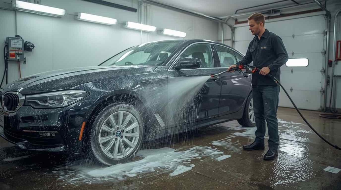 Controlled hand washing of a ceramic-coated repainted car in a professional detailing bay