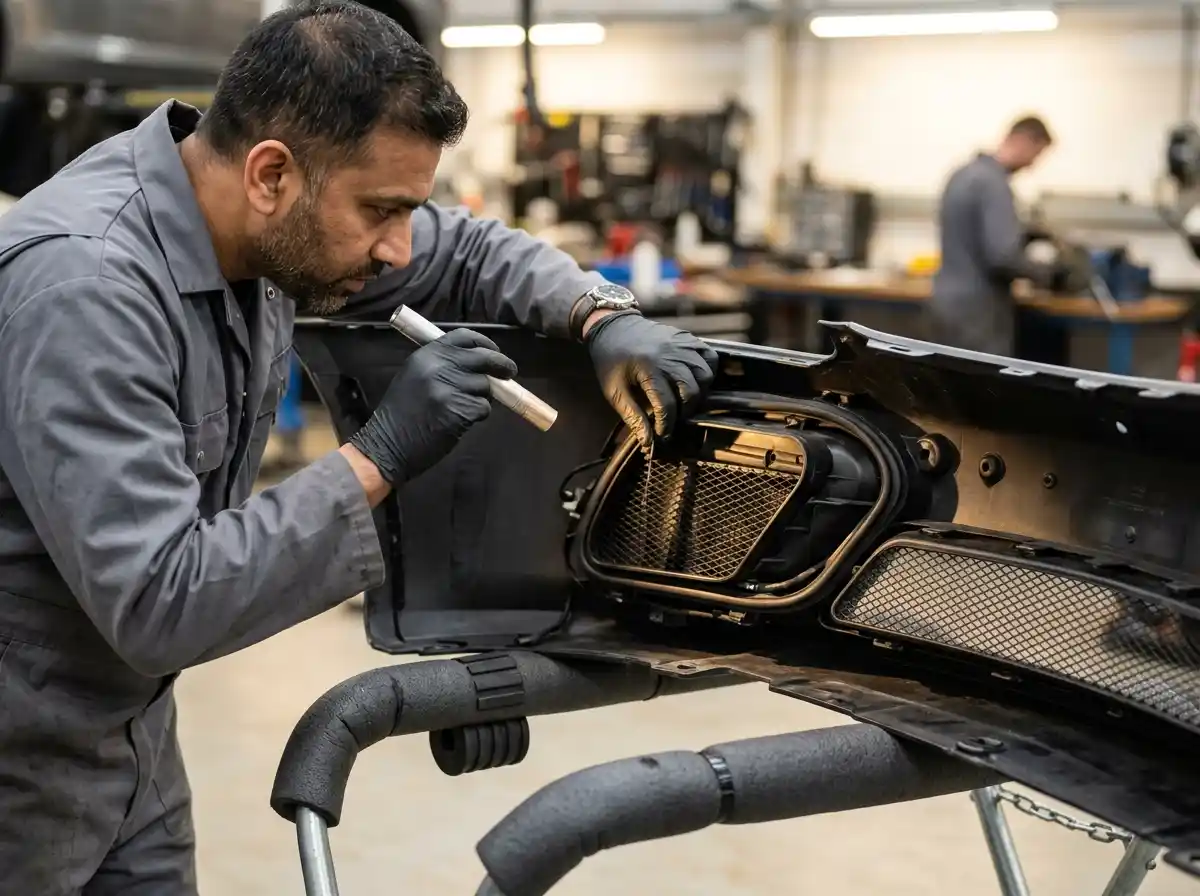 Technician inspecting Mercedes-AMG GT cooling openings and surrounding body geometry after rear contact