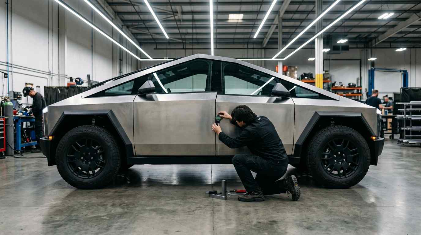 Cybertruck angular panel gaps checked for alignment errors in Dubai