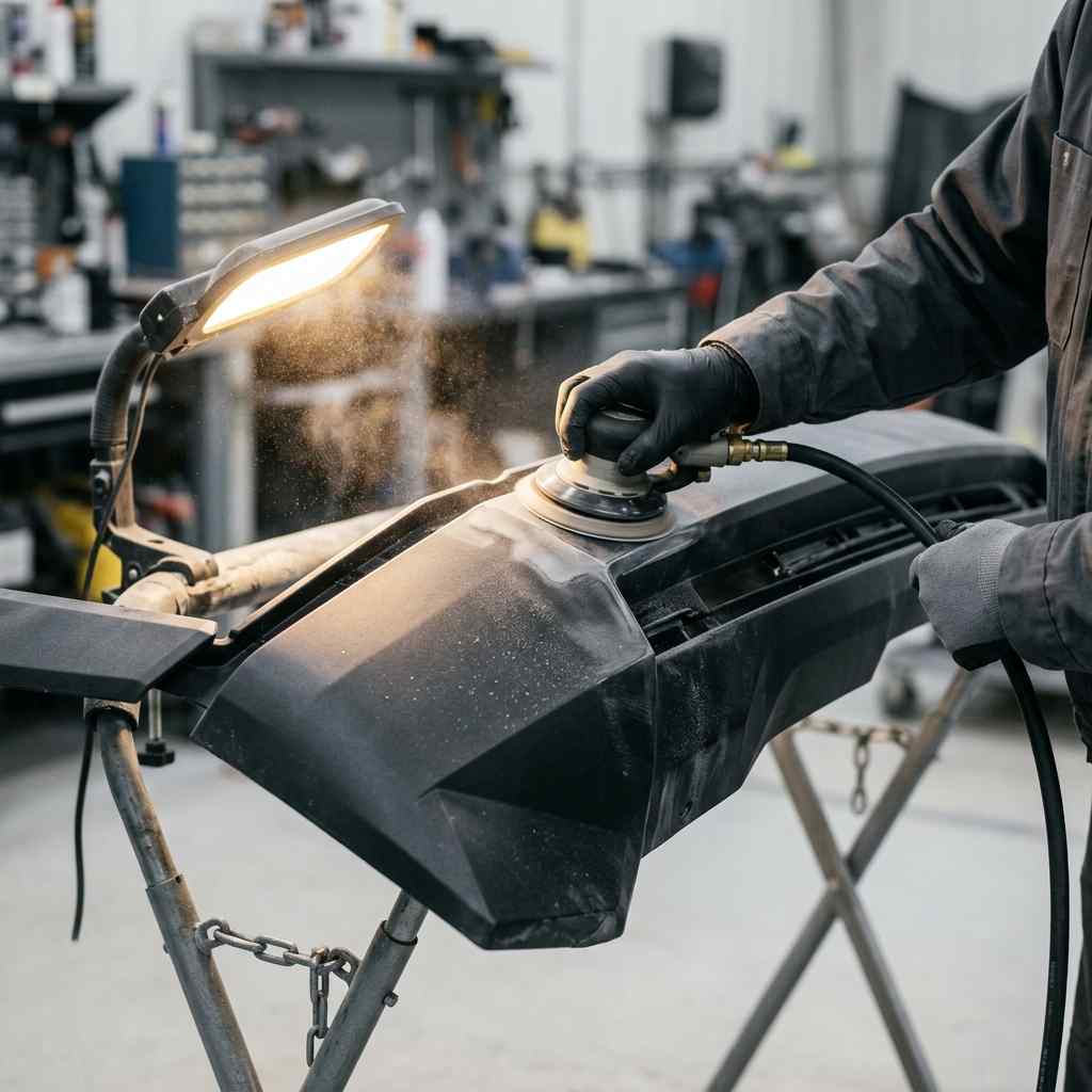 Cybertruck bumper fascia prepared for applicable paint refinishing