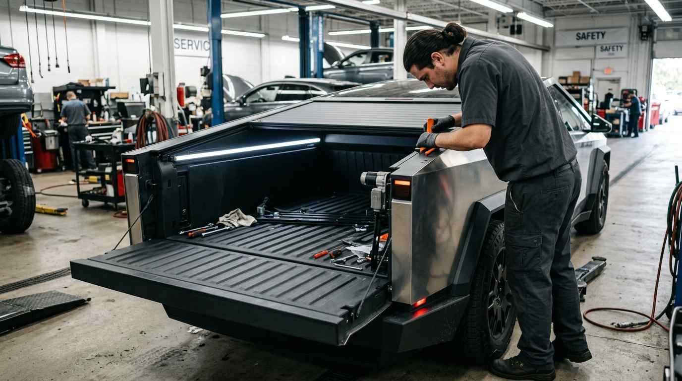 Cybertruck bed tonneau cover and tailgate checked after body repair