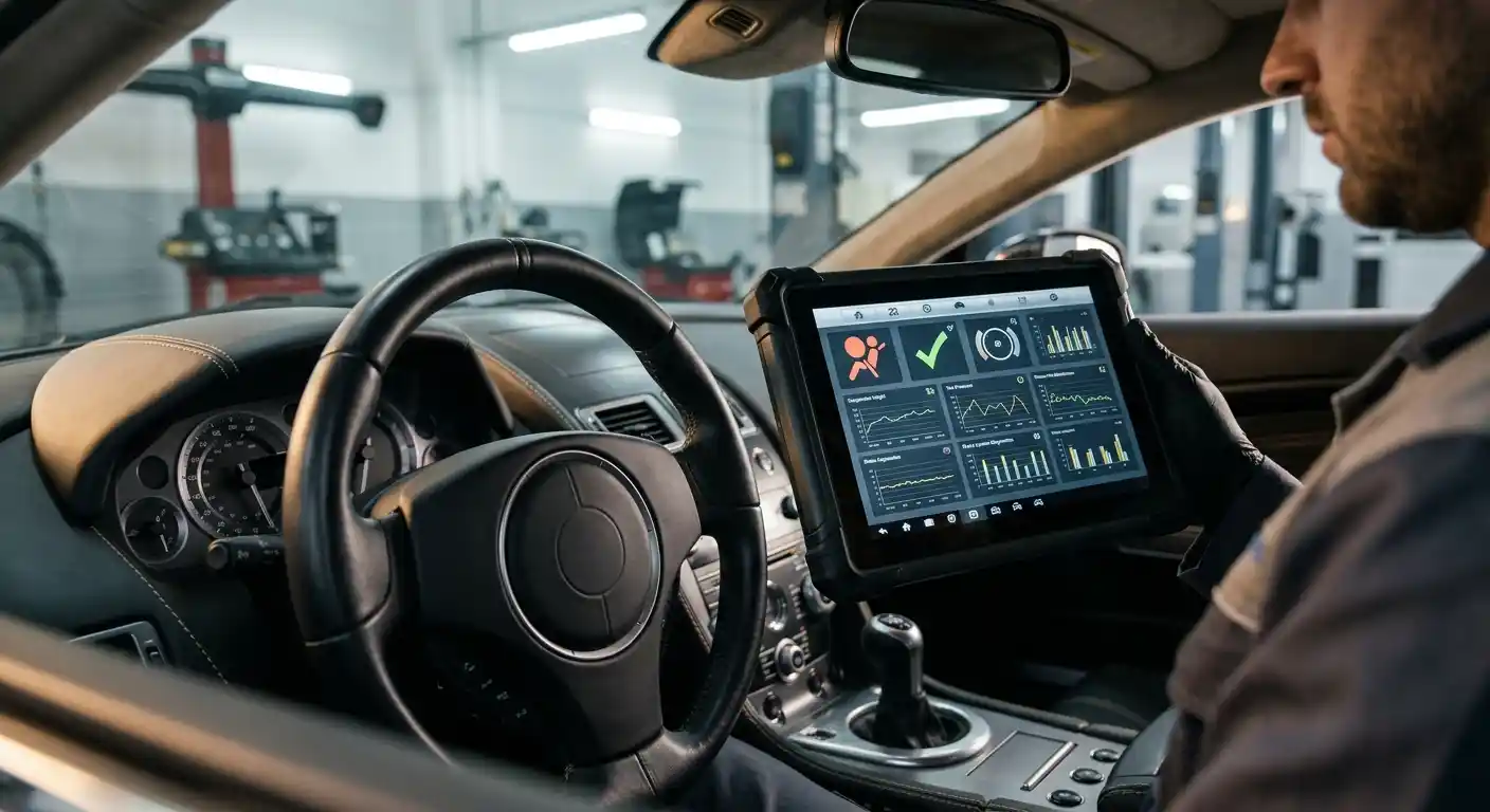 Diagnostic scan checking restraint chassis and driver assistance warnings after collision damage
