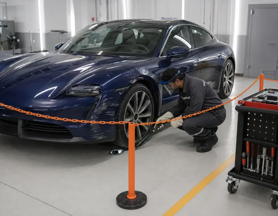 Technician controlling the high-voltage safety boundary before Porsche Taycan cosmetic body work