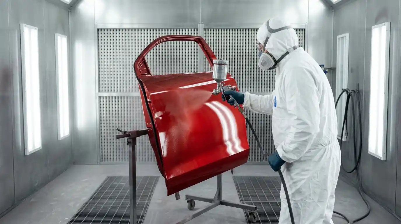 Automotive painter applying clear coat to a prepared panel inside a downdraft spray booth