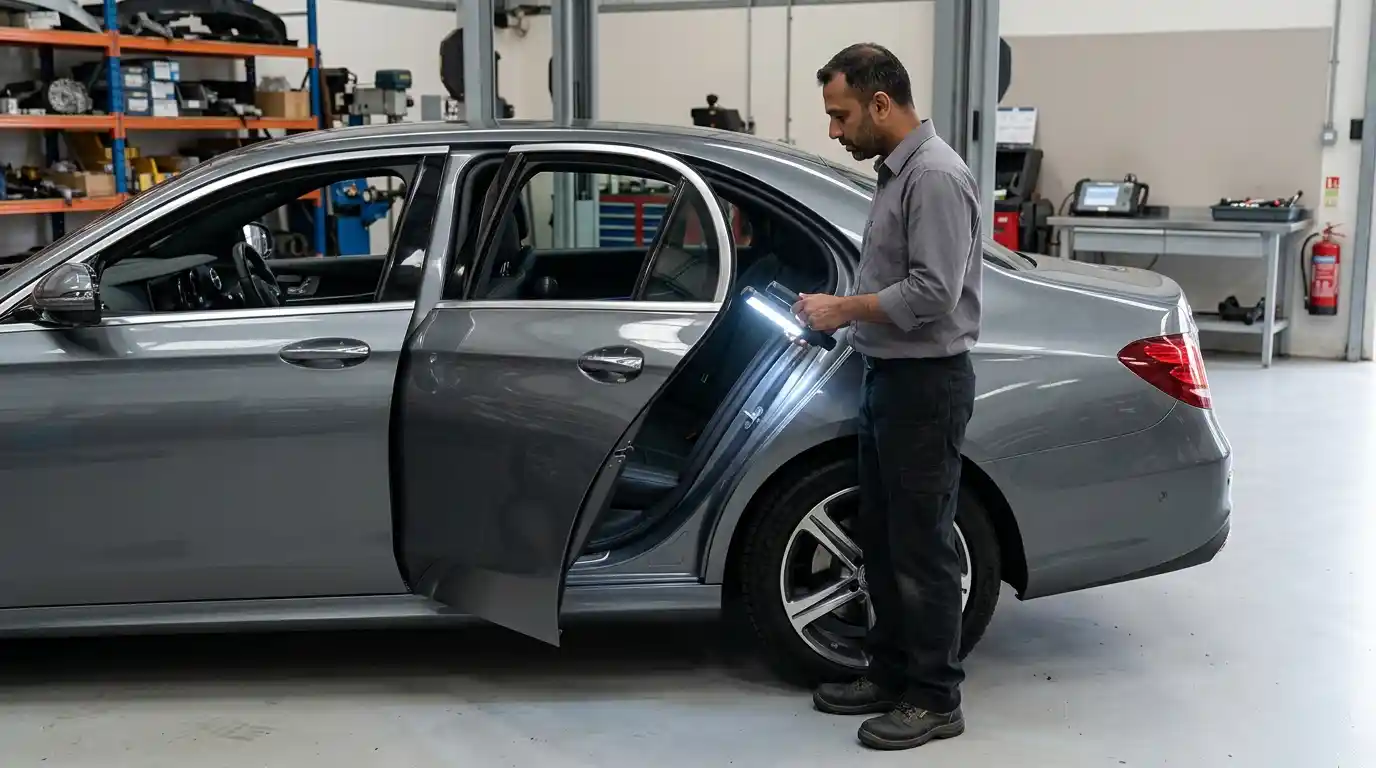 Technician checking Mercedes-Benz E-Class door and B-pillar alignment after body repair