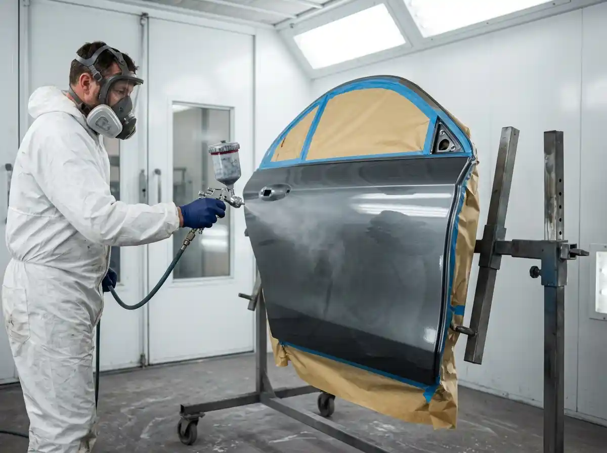 Mercedes-Benz E-Class door being repainted in a controlled automotive spray booth