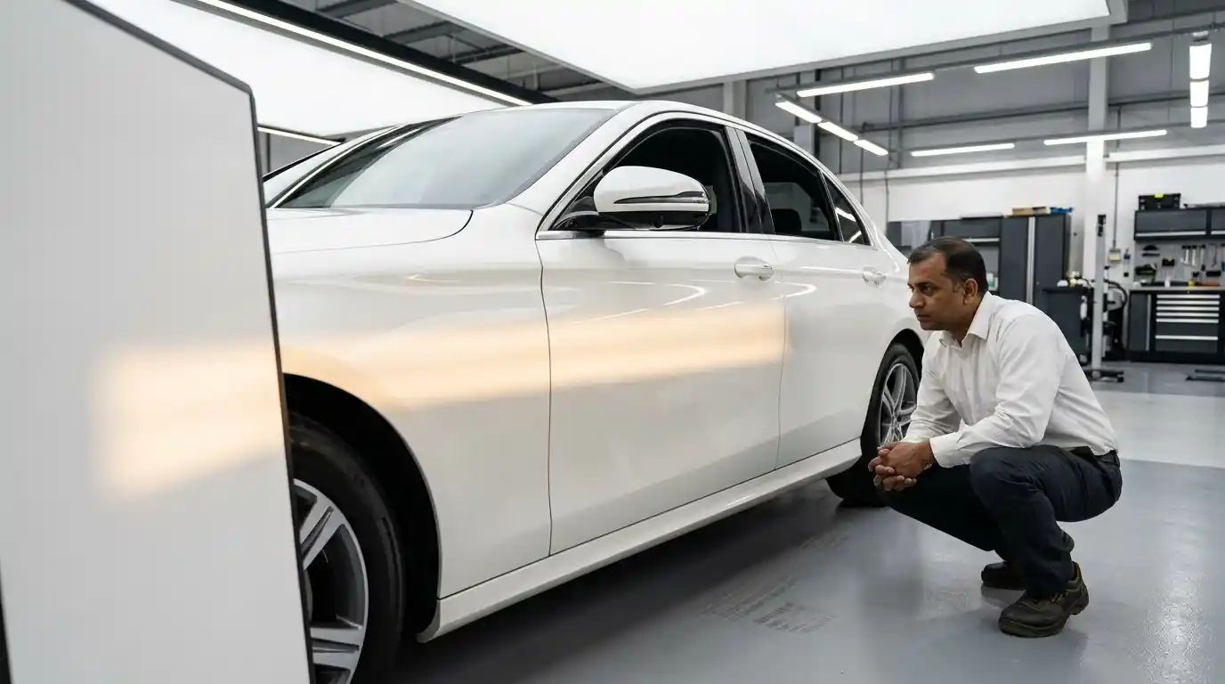 Technician inspecting a Mercedes-Benz E-Class front wing with a reflection board after body repair