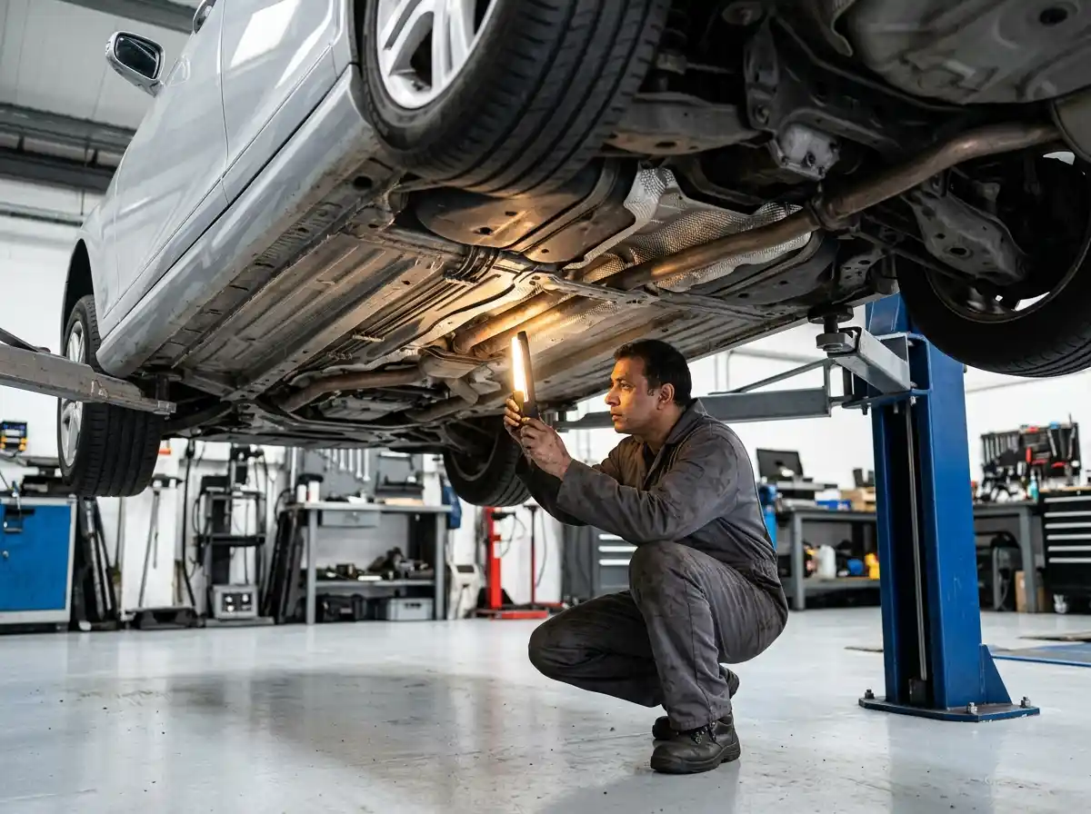 Mercedes-Benz E-Class underside being inspected on a workshop lift after collision damage