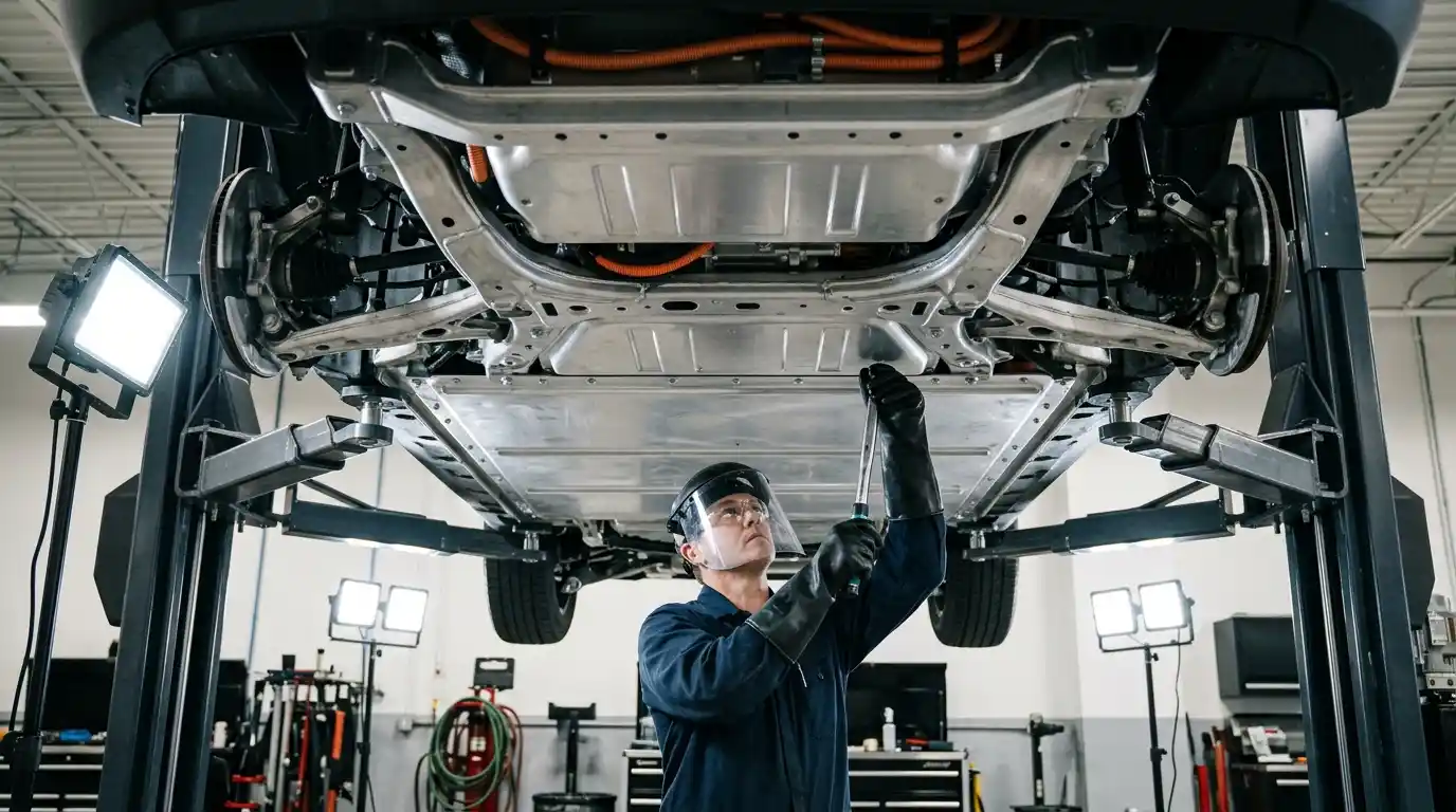 Technician inspecting the underbody battery shield of an electrified GAC vehicle after impact