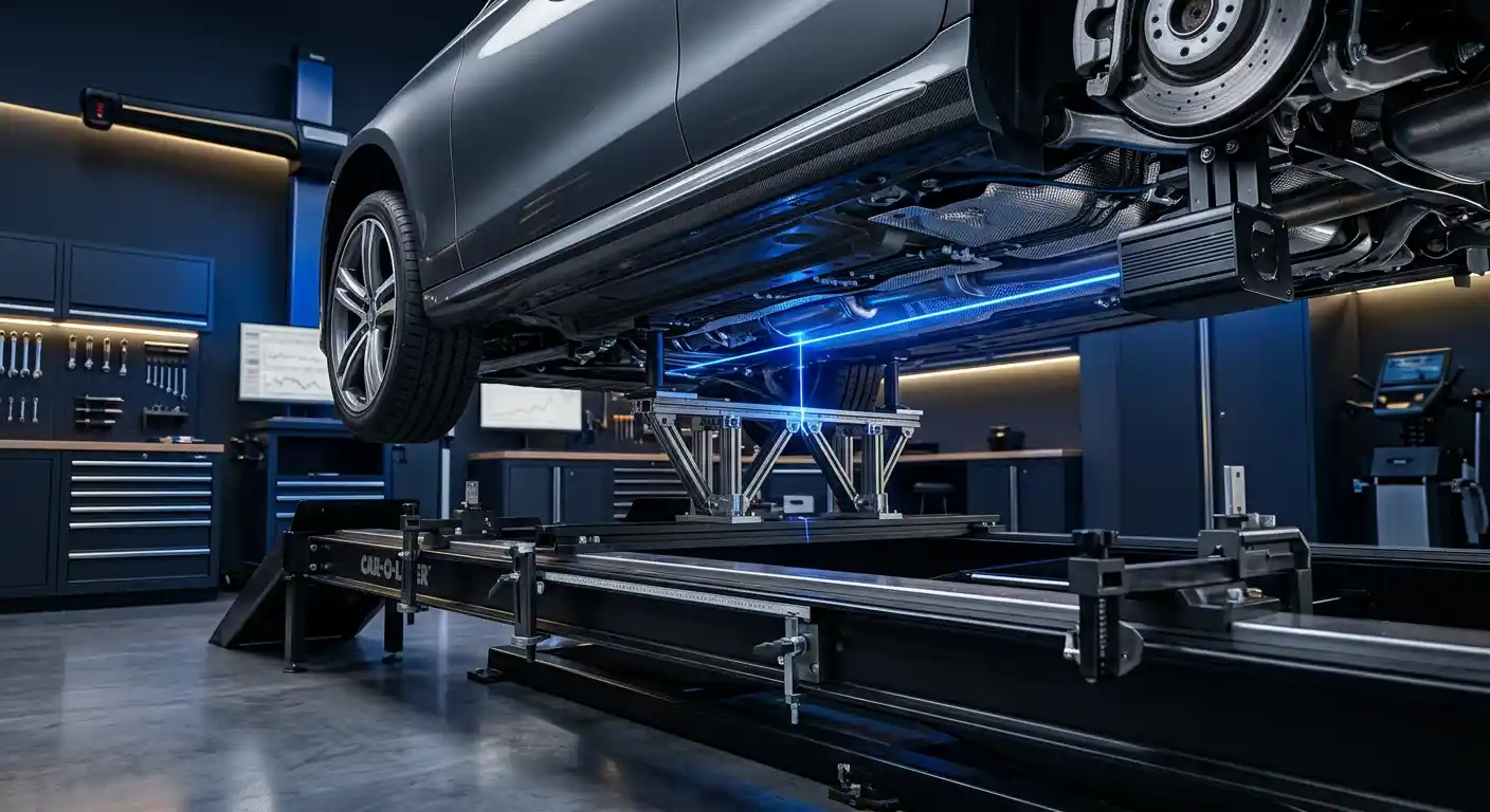 Electronic laser chassis measurement checking vehicle reference points before structural repair