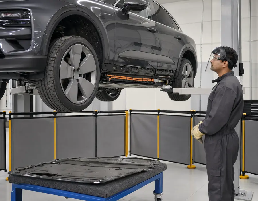 Technician establishing the Porsche Macan electric energy boundary before body refinishing begins