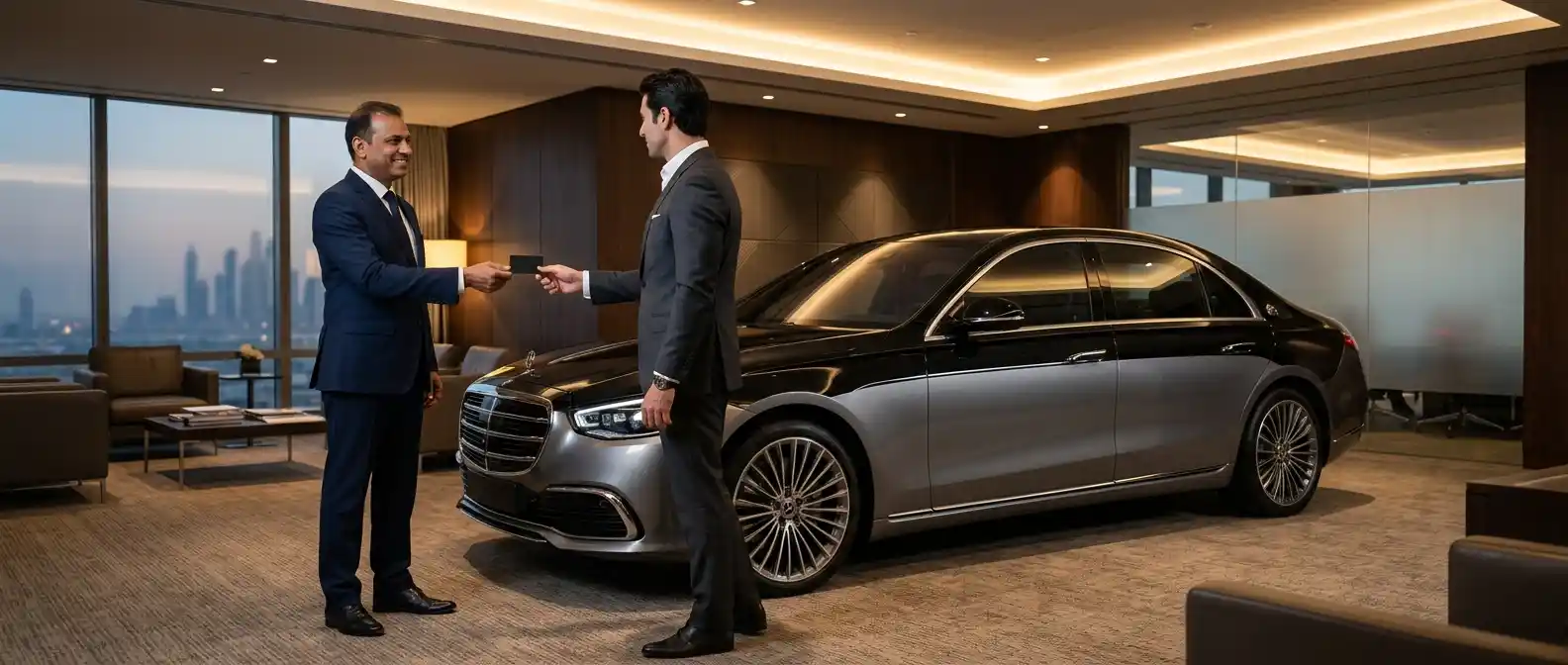 Executive Vehicle Handover — BMW 7 Series Owner and service advisor reviewing a completed BMW 7 Series body repair at handover