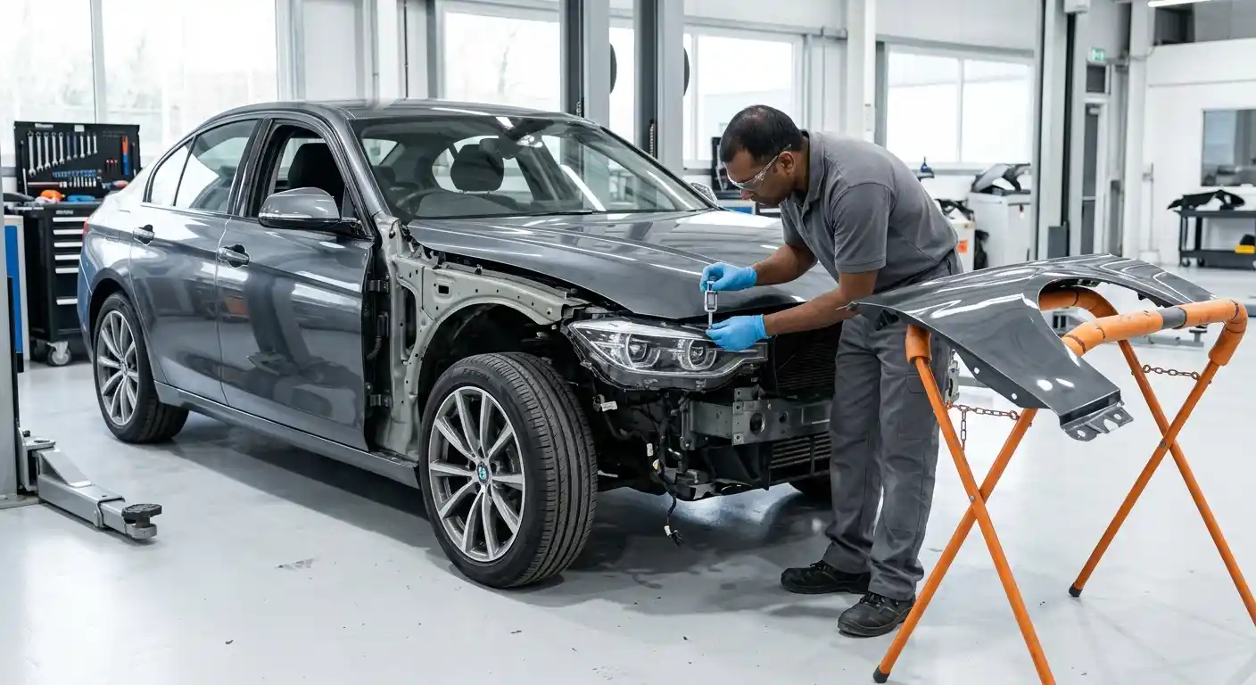 Car fender mounting flanges and adjoining bonnet, door, bumper and wheel-arch interfaces inspected in Dubai
