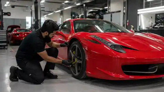 Technician inspecting front fender damage on a red Ferrari in a Dubai body shop.