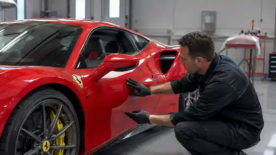 Technician checking panel gaps and alignment on a red Ferrari after body repair.