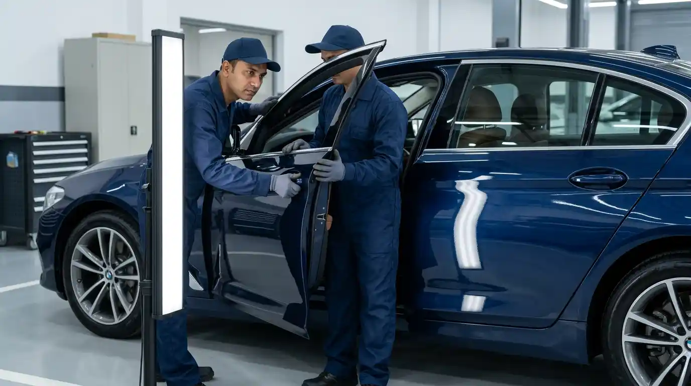 Final car door repair inspection checking surface finish panel gaps and opening operation in Dubai