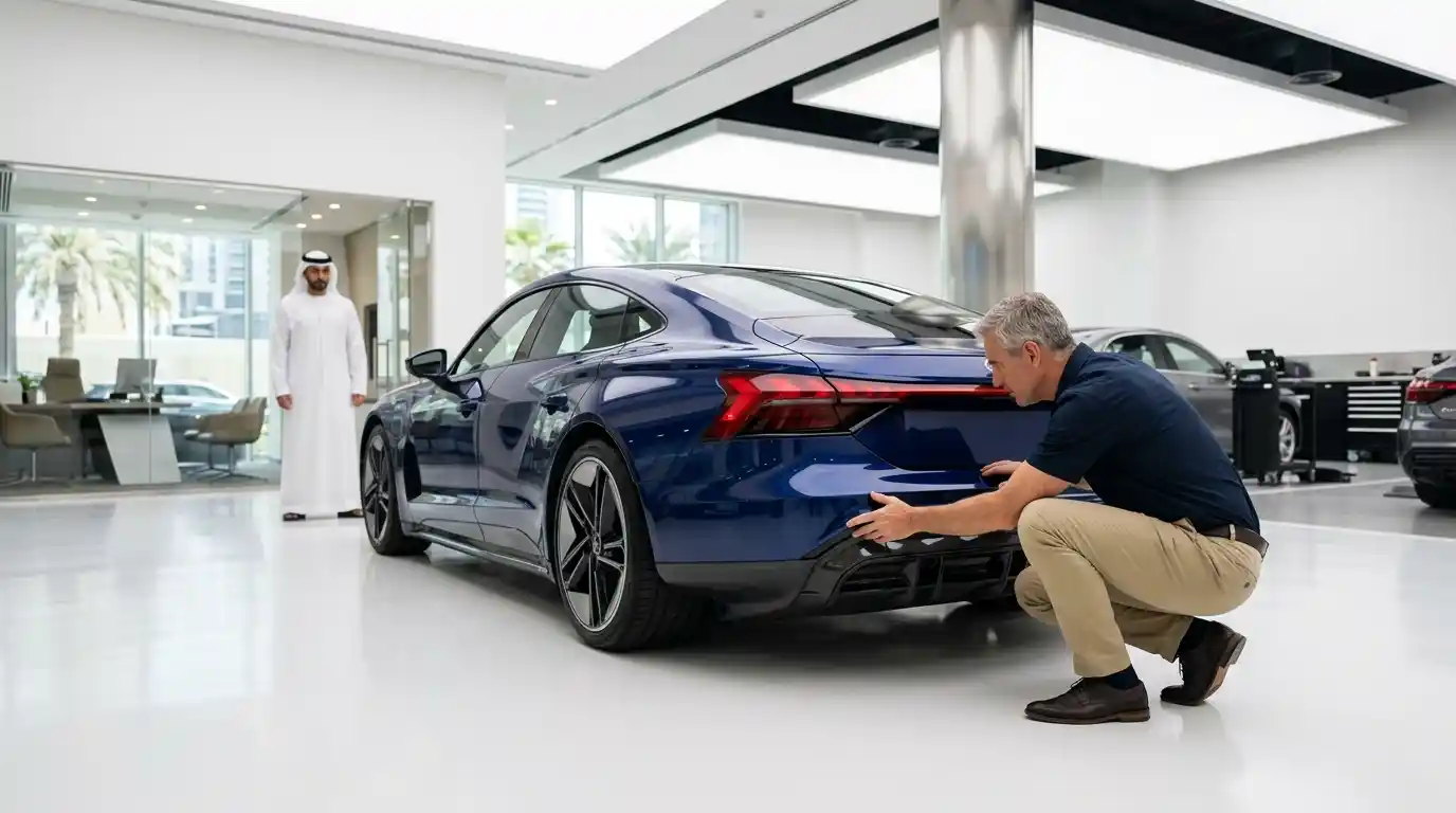 Final Audi e-tron GT inspection and aftercare handover after body repair in Dubai