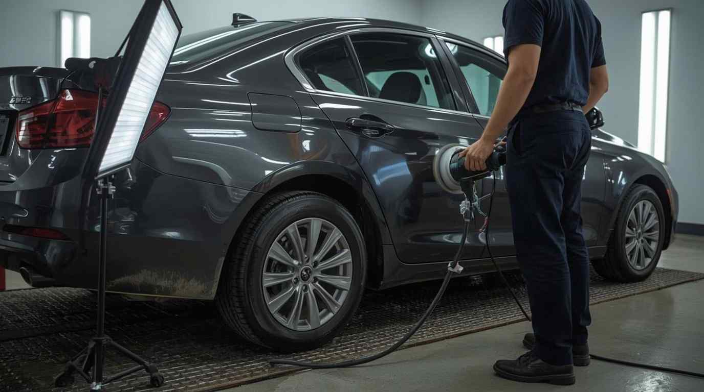 Technician inspecting and correcting a completed repaint before vehicle handover